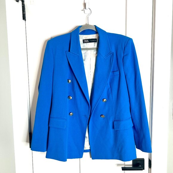 Zara Blue Double-Breasted Gold-Button Blazer Professional Old Money Size XL - Picture 3 of 8